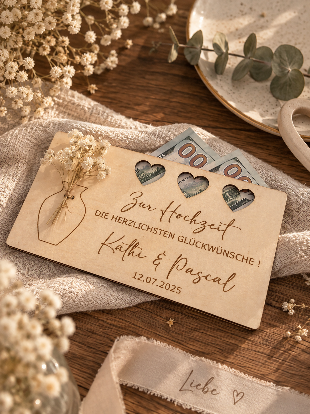 Geldgeschenk-Holzkarte HOCHZEIT