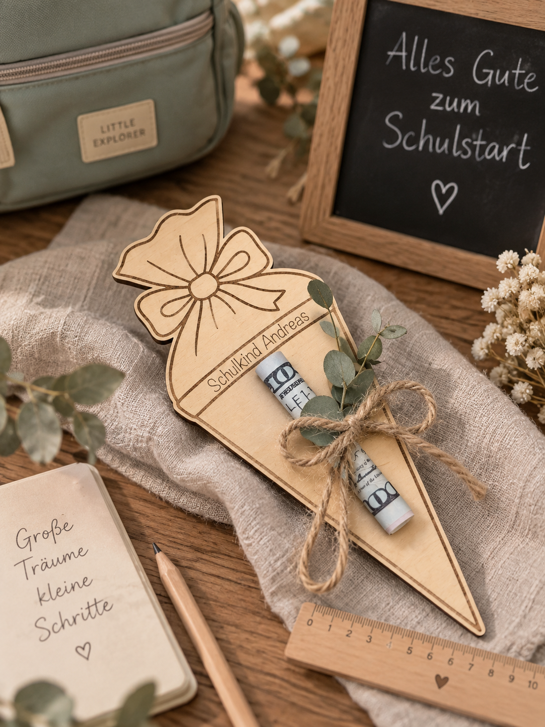 Geldgeschenk zur Einschulung – Schultüte aus Holz